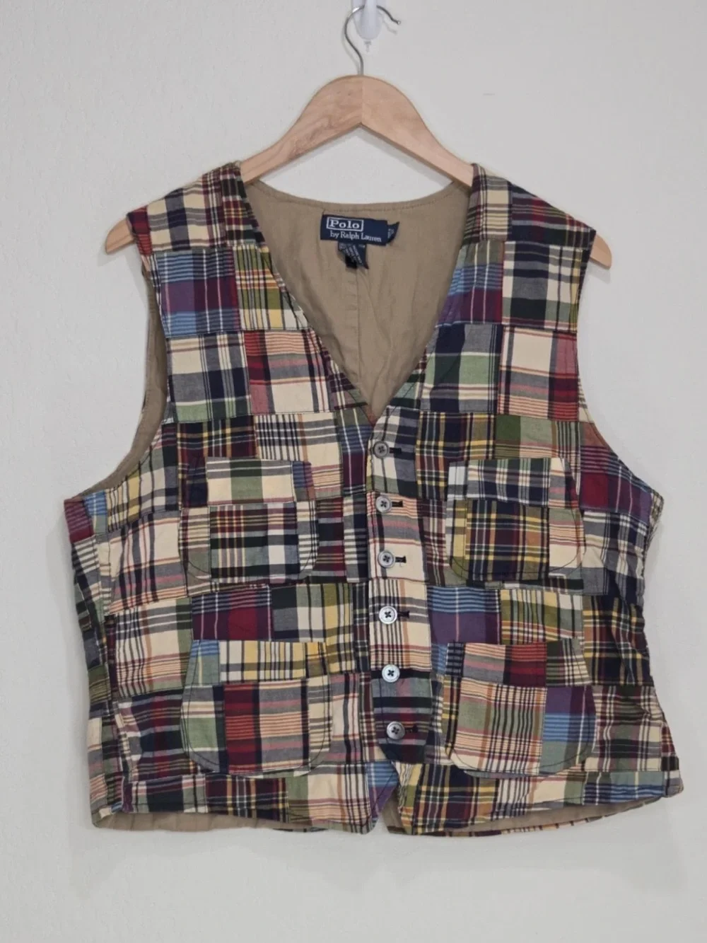 Polo Ralph Lauren India Madras Plaid Patchwork Vest Cinch Back Size L Mens - Picture 1 of 10
